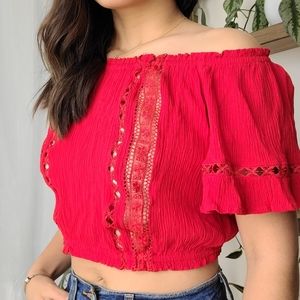 Boho off-the-shoulder red crop top with lace